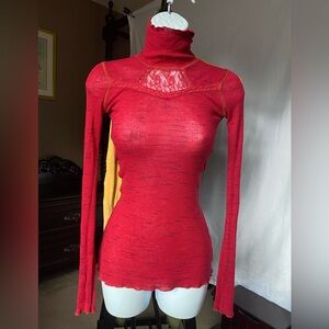 Free People Long Sleeve Turtleneck XS Magenta Red Lettuce Hem & Lace Details
